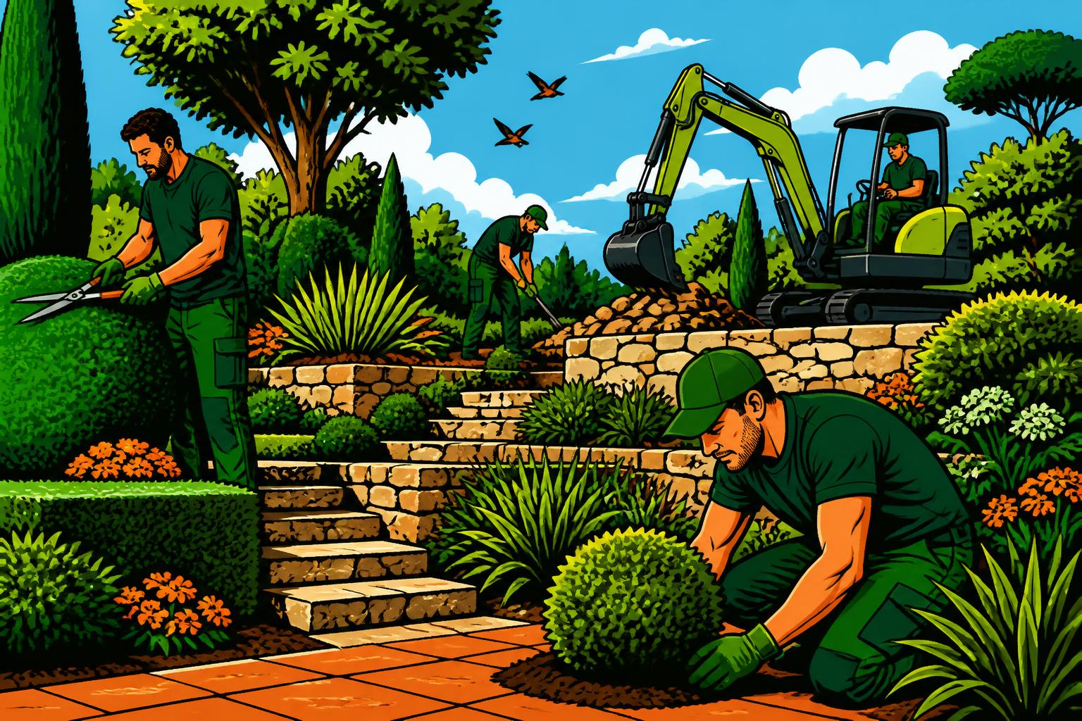 Comic-Illustration eines Landschaftsbau-Teams, das eine Natursteinterrasse baut, Hecken schneidet und mit einem Minibagger arbeitet