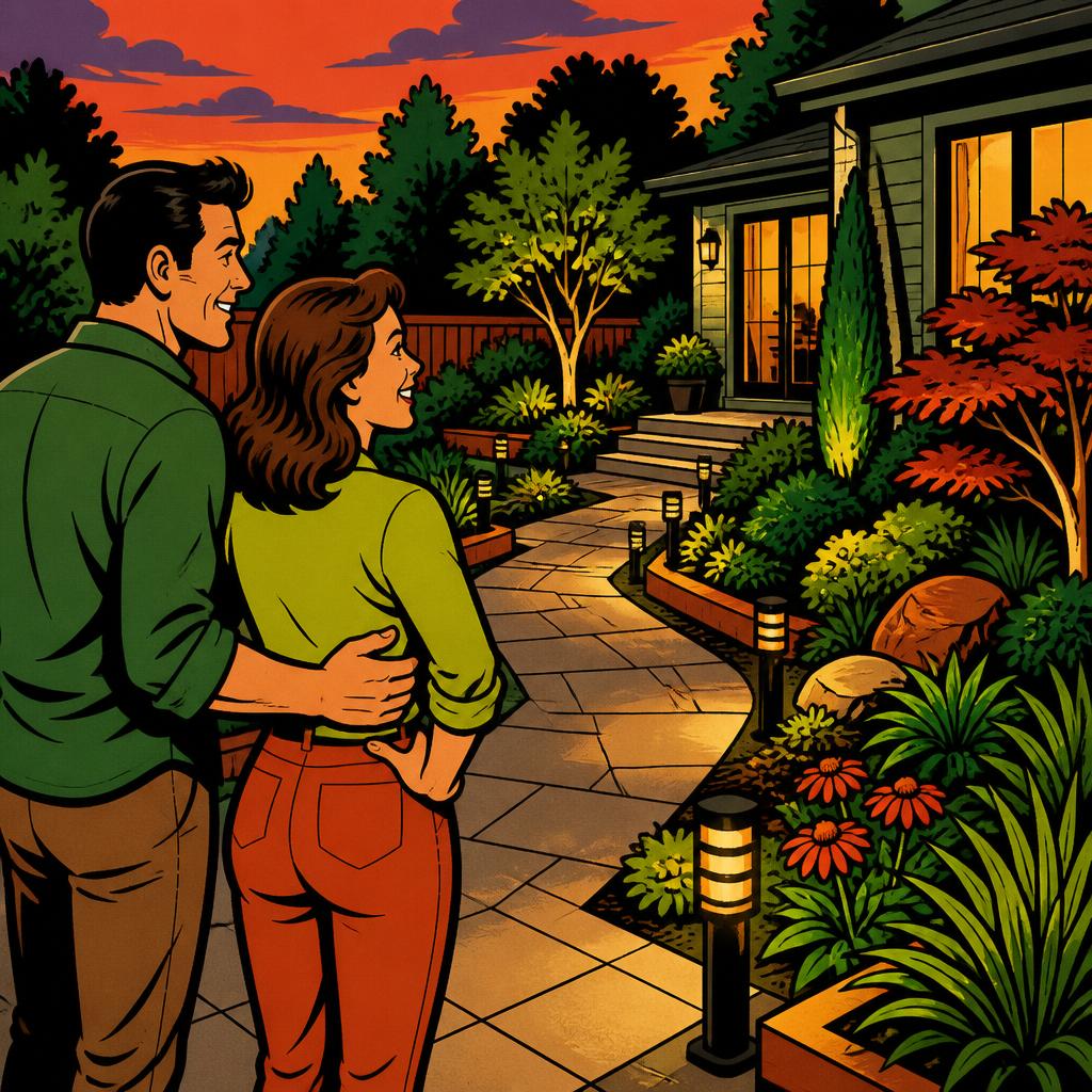 Comic-Illustration eines Paares, das abends seinen neu angelegten Garten mit Plattenweg, Beeten und Beleuchtung betrachtet