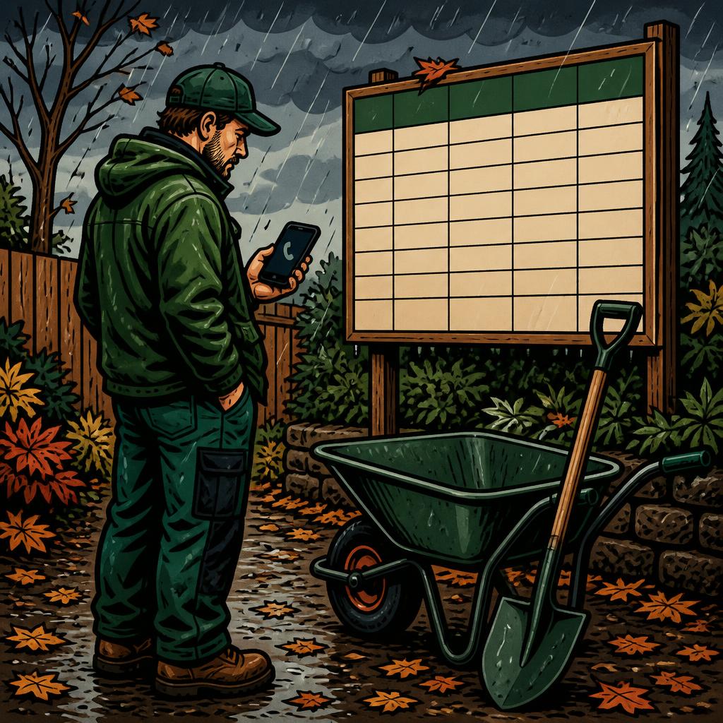Comic-Illustration eines Landschaftsgärtners, der im Regen vor einer leeren Planungstafel steht, Schubkarre und Schaufel stehen still